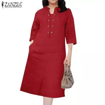 ZANZEA Women Casual Stand Collar 3/4 Sleeve Summer Loose Dress