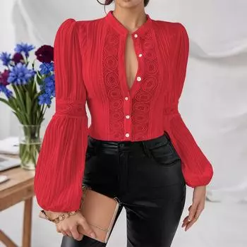ZANZEA Women Casual Stand Collar Long Sleeve Lace Crochet Patchwork Blouse S
