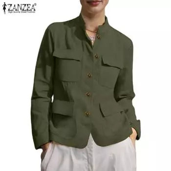 ZANZEA Women Casual Stand Collar Long Sleeve Plain Blouse S жёлтый