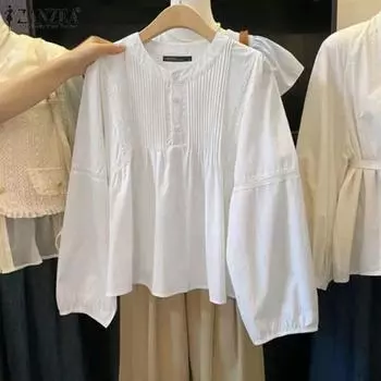 ZANZEA Women Casual Stand Collar Long Sleeve Solid Color Blouses S белый