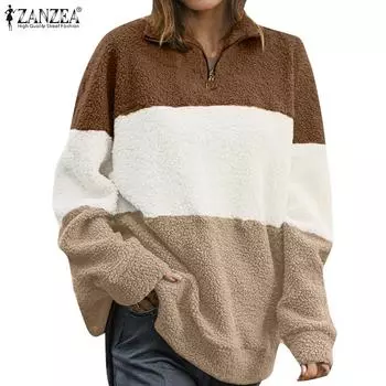 ZANZEA Women Casual Stand Collar Long Sleeve Patchwork Pullover S темно-зеленого