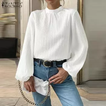 ZANZEA Women Casual Stand Collar Long Sleeve Plain Blouse M белый
