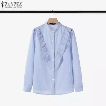 ZANZEA Women Casual Stand Collar Long Sleeve Loose Stripe Blouse S зелёный