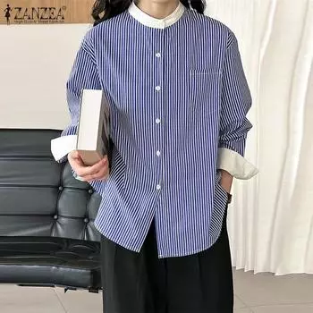 ZANZEA Женская повседневная блузка с воротником-стойкой и длинными рукавами в полоску L чёрный