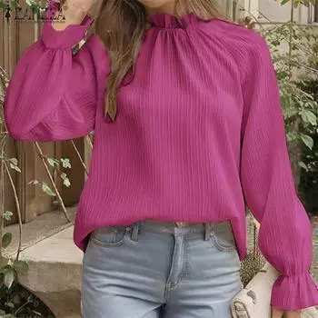 ZANZEA Women Casual Stand Collar Loose Long Sleeve Plain Blouse M белый