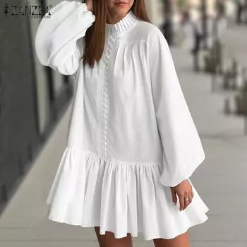ZANZEA Women Casual Stand Collar Loose Long Sleeve Short Dress белый