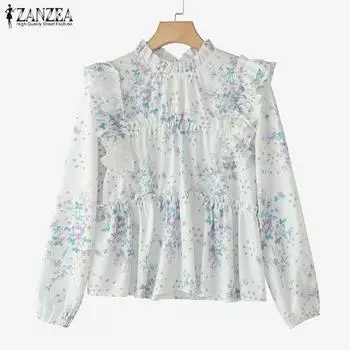 ZANZEA Women Casual Stand Collar Loose Long Sleeve Floral Blouse