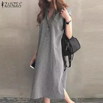 ZANZEA Women Casual Stand Collar Plaid Print Loose Short Sleeve Dress