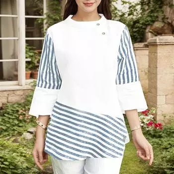 ZANZEA Women Casual Stand Collar Summer 3/4 Sleeve Stripe Blouse S
