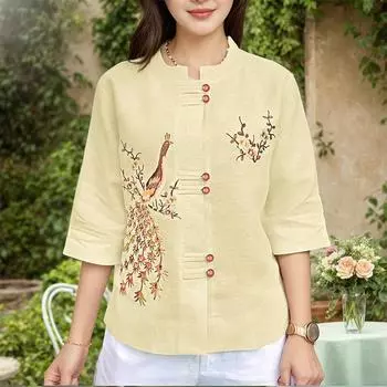 ZANZEA Women Casual Stand Collar Summer 3/4 Sleeve Print Blouse 4XL