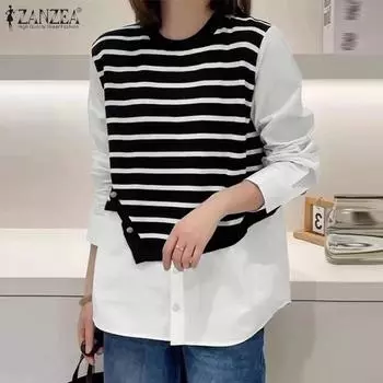 ZANZEA Women Casual Stripe Patchwork Fake Two Piece Long Sleeve Blouse S чёрный