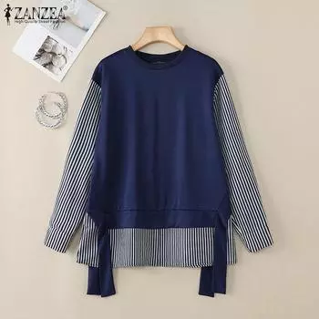 ZANZEA Women Casual Stripe Patchwork Long Sleeve Autumn Blouse XL темно-синий