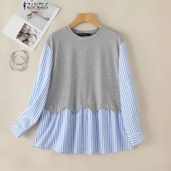 ZANZEA Women Casual Stripe Print Long Sleeve Loose Pullover Blouse S темно-синий