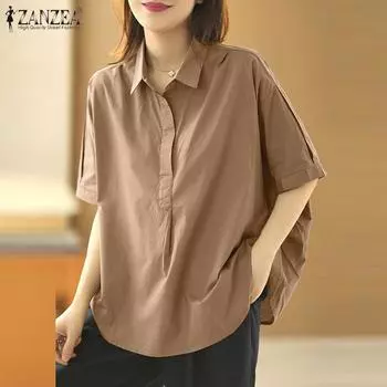ZANZEA Women Casual Summer Short Sleeve Turn Down Collar Loose Blouse S жёлтый