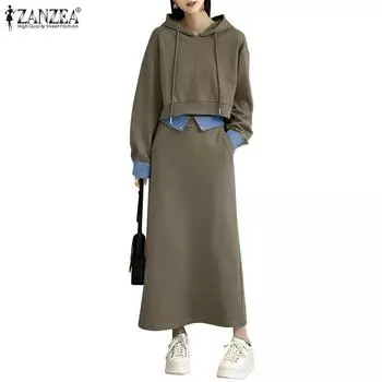 ZANZEA Women Casual Sweatshirts and Long Skirts Two Piece Suit Sets S зелёный