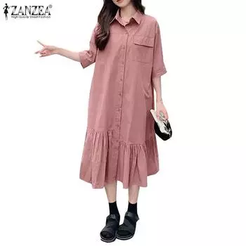 ZANZEA Women Casual Turn Down Collar Half Sleeve Loose Long Dress S чёрный