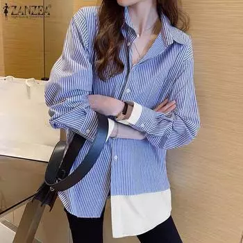 ZANZEA Women Casual Turn Down Collar Long Sleeve Patchwork Stripe Blouse