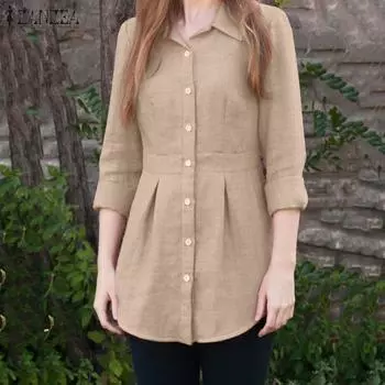 ZANZEA Женская повседневная однотонная блузка с отложным воротником и длинным рукавом 4XL хаки