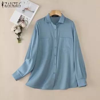 ZANZEA Women Casual Turn Down Collar Long Sleeve Button Blouse S темно-синий