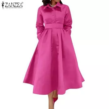 ZANZEA Women Casual Turn Down Collar Long Sleeve A-Line Long Dress S чёрный