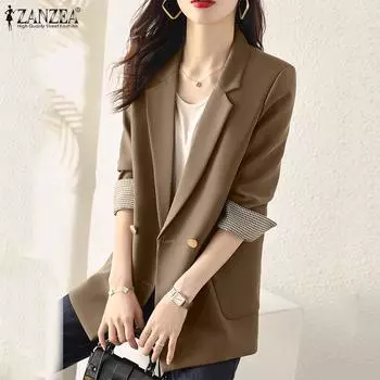 ZANZEA Women Casual Turn Down Collar Long Sleeve Plaid Patchwork Cardigan Blazer S чёрный