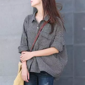 ZANZEA Women Casual Turn Down Collar Loose Plaid Print Blouse S