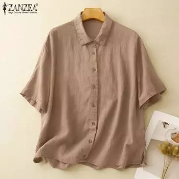 ZANZEA Women Casual Turn Down Collar Loose Summer Half Sleeve Blouse