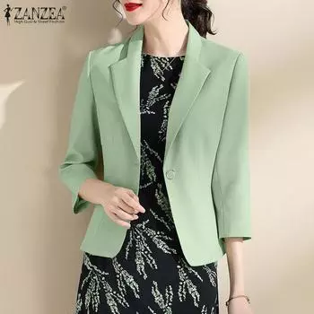 ZANZEA Женский повседневный отложной воротник свободный тонкий кардиган с рукавом 3/4 верхняя одежда 2XL зелёный