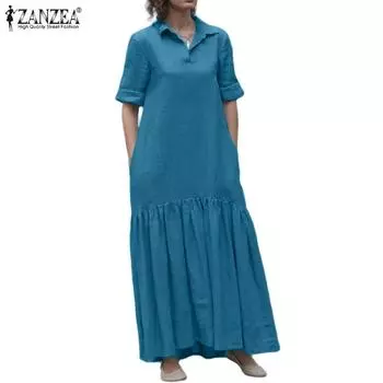 ZANZEA Women Casual Turn Down Collar Loose Long Sleeve Dress S красный