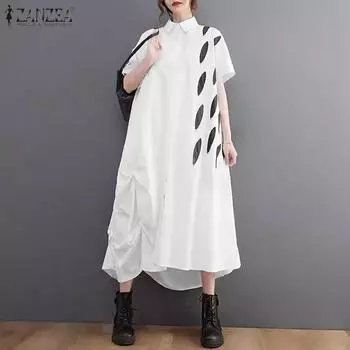 ZANZEA Women Casual Turn Down Collar Loose Short Sleeve Patchwork Shirt Dress M чёрный