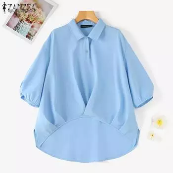 ZANZEA Women Casual Turn Down Collar Short Sleeve Irregular Blouse