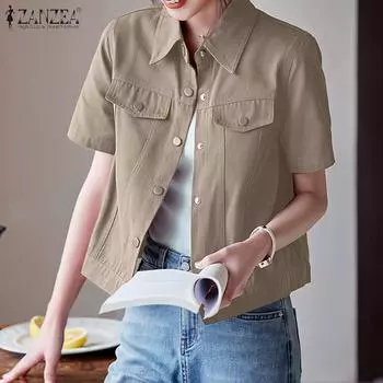 ZANZEA Women Casual Turn Down Collar Short Sleeve Blouse 2XL ярко-розовый