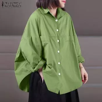 ZANZEA Женская повседневная однотонная свободная блузка с отложным воротником и длинным рукавом L чёрный