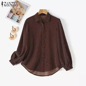 ZANZEA Женская повседневная блузка с отложным воротником в полоску с рукавом девять четвертей S чёрный