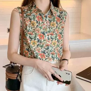 ZANZEA Women Casual Turn Down Collar Summer Floral Print Sleeveless Blouse L оранжевый
