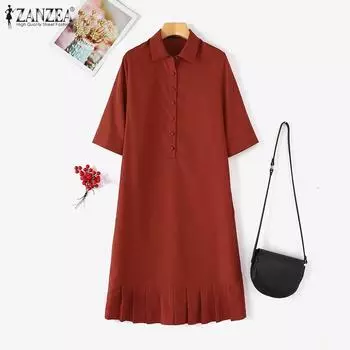 ZANZEA Women Casual Turn Down Collar Summer 3/4 Sleeve Loose Dress