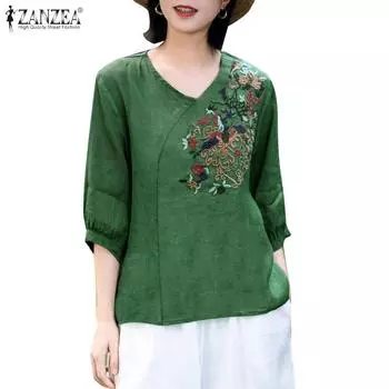 ZANZEA Women Casual V-Neck 3/4 Sleeve Loose Embroidery Blouse