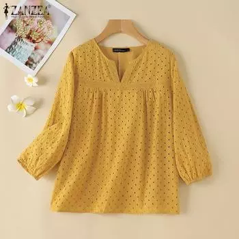 ZANZEA Женская повседневная блузка с V-образным вырезом и рукавом 3/4, свободная ажурная вязка крючком S белый