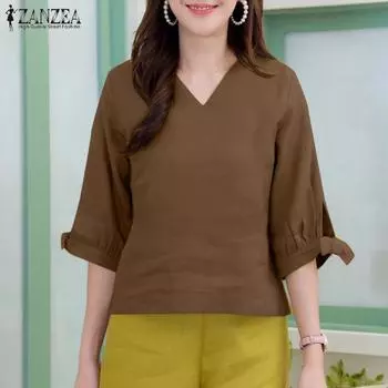 ZANZEA Women Casual V-Neck 3/4 Sleeve Loose Blouse 2XL жёлтый