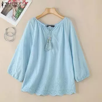 ZANZEA Women Casual V-Neck 3/4 Sleeve Loose Lace Crochet Blouse S белый