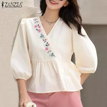 ZANZEA Women Casual V-neck Embroidery Loose 3/4 Sleeve Blouse