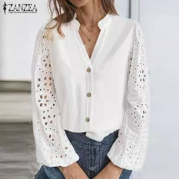 ZANZEA Women Casual V-Neck Lace Crochet Splice Long Sleeve Blouse S белый
