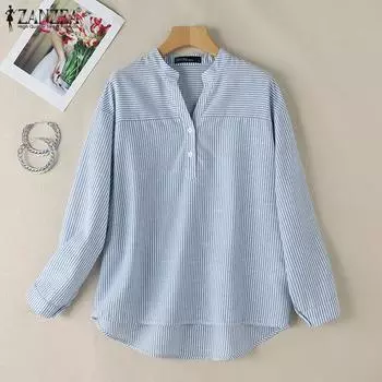ZANZEA Women Casual V-Neck Long Sleeve Loose Stripe Blouse S чёрный