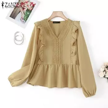 ZANZEA Women Casual V-Neck Long Sleeve Lace Crochet Patchwork Blouse M бежевый