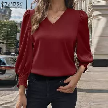 ZANZEA Women Casual V-Neck Long Sleeve Loose Plain Blouse 4XL чёрный