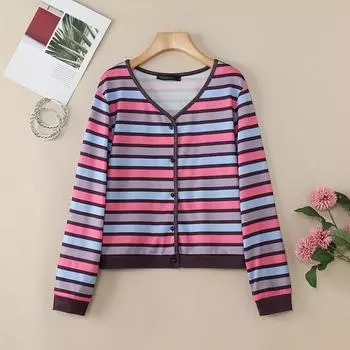 ZANZEA Women Casual V-Neck Long Sleeve Stripe Cardigan Blouse 2XL розовый
