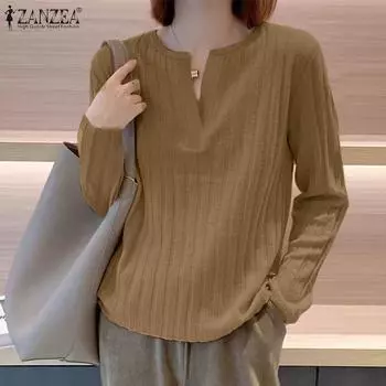 ZANZEA Women Casual V-Neck Long Sleeve Thin Knitted Blouse S темно-синий