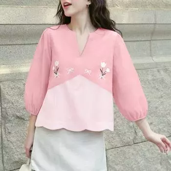 ZANZEA Women Casual V-Neck Loose 3/4 Sleeve Embroidery Blouse S