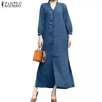 ZANZEA Women Casual V-Neck Loose 3/4 Sleeve Long Dress L тёмно-синий