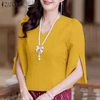 ZANZEA Women Casual V-Neck Loose 3/4 Sleeve Plain Blouse S розовый